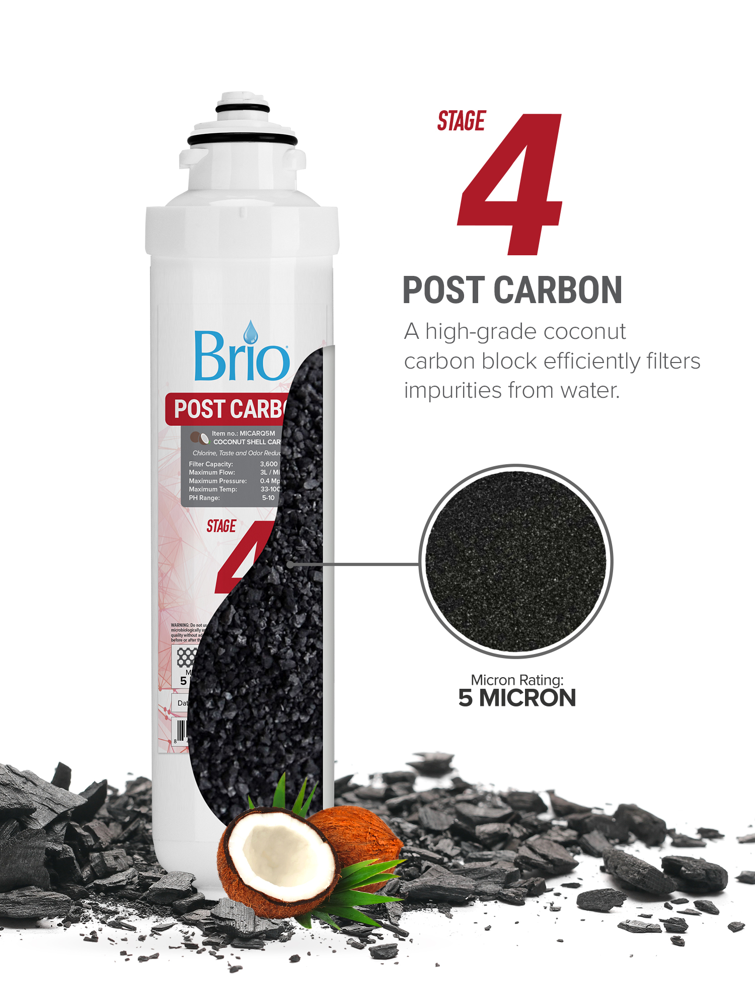 Brio Stage-4 Post-Carbon Coconut Carbon Replacement Water Filter