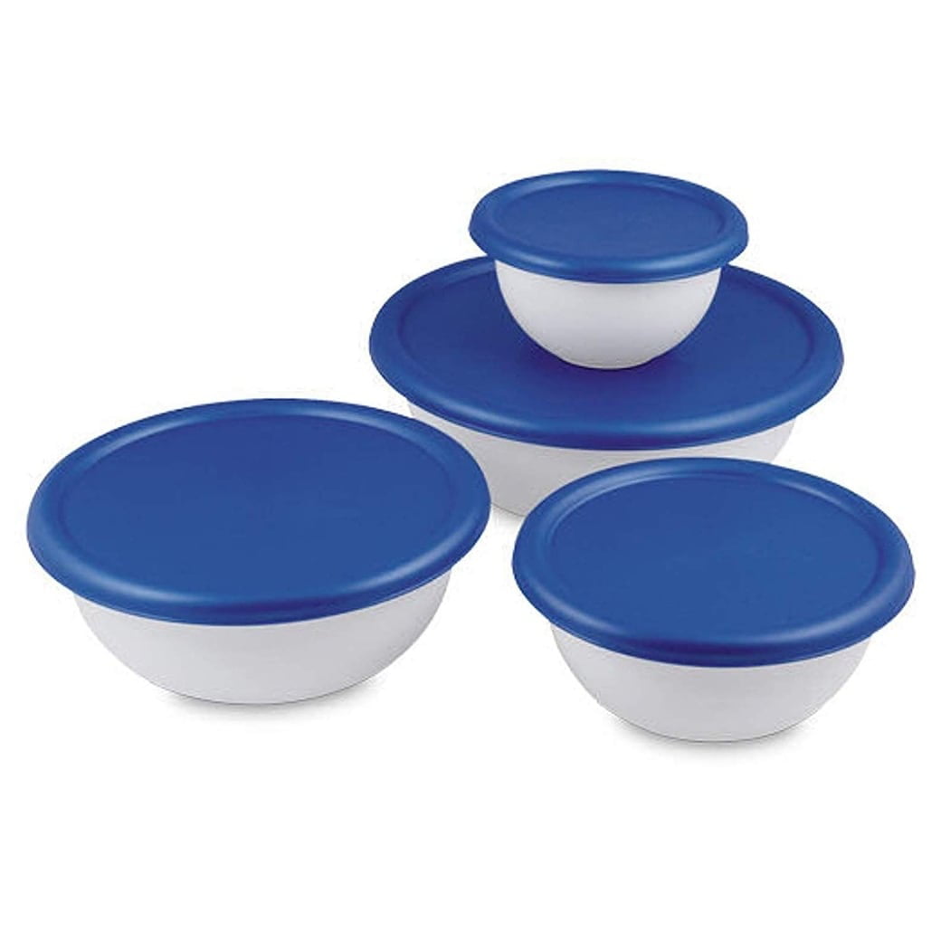 8-piece Multipurpose Plastic White Serving Bowls Set with Blue Cover Lids 
