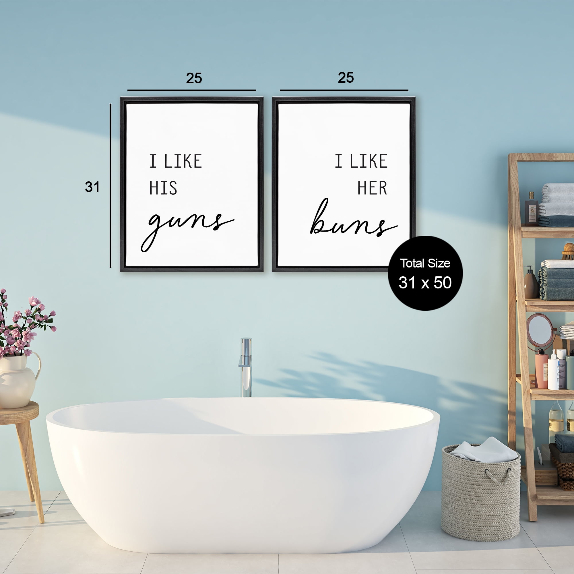 Like His Guns & Her Buns 2 Piece Black Framed Floater Canvas Set, design by Lettered and Lined