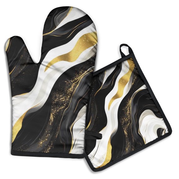 Black White and Gold Marble Kitchen Oven Mitt and Pot Holder Sets 2 Pcs for Baking, Cooking and Grilling, Heat Resistant Up To 392 °F