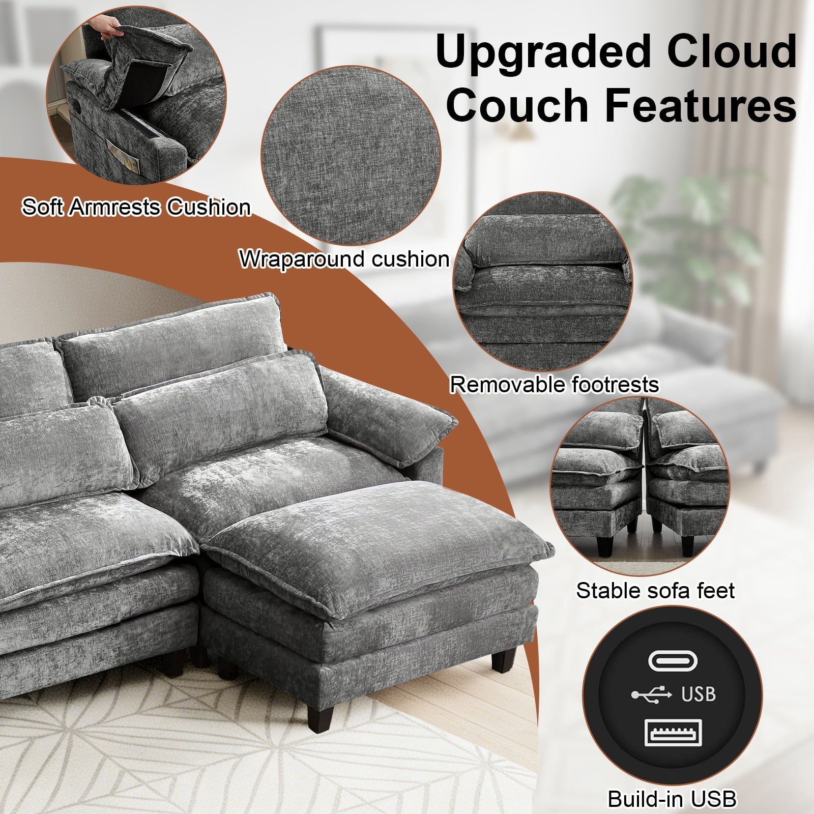 Howcool 148" Modular Sectional Sofa , 4 Seater L-Shaped Cloud Couch with Movable Ottoman, USB Charging Ports & Side Pockets, Sectional couchs for Living Room,Chenille Fabric,Grey