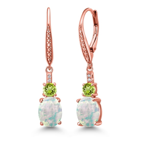 Gem Stone King 18K Rose Gold Plated Silver White Opal and Green Peridot Dangle Earrings for Women with Lab Grown Diamond (2.63 Cttw, Oval Cabochon 9X7MM)
