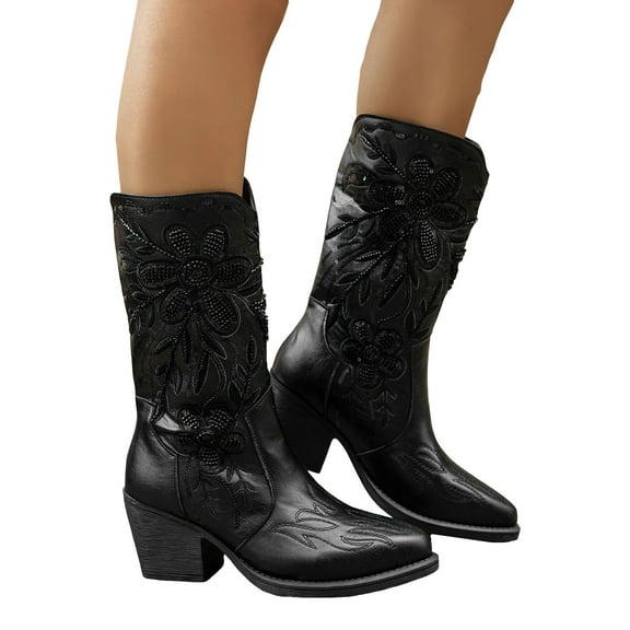 Rokment Women's Winter Fall Wide Calf Cowboy Boots Thanksgiving Day Christmas Leather Chunky Mid Heel Western Cowgirl Dress Tall Boots