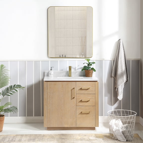 Vinnova San 36" Single Sink Wood Bath Vanity with Grain Stone in Ash/White