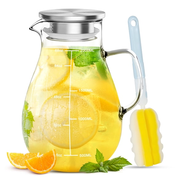 68 oz Water Pitcher with Lid and Spout, 2L Heat & Cold Resistant Glass Water Carafe with Precise Scale Line, Easy to Clean Thickened Borosilicate Glass Jug for Cold and Hot Beverage