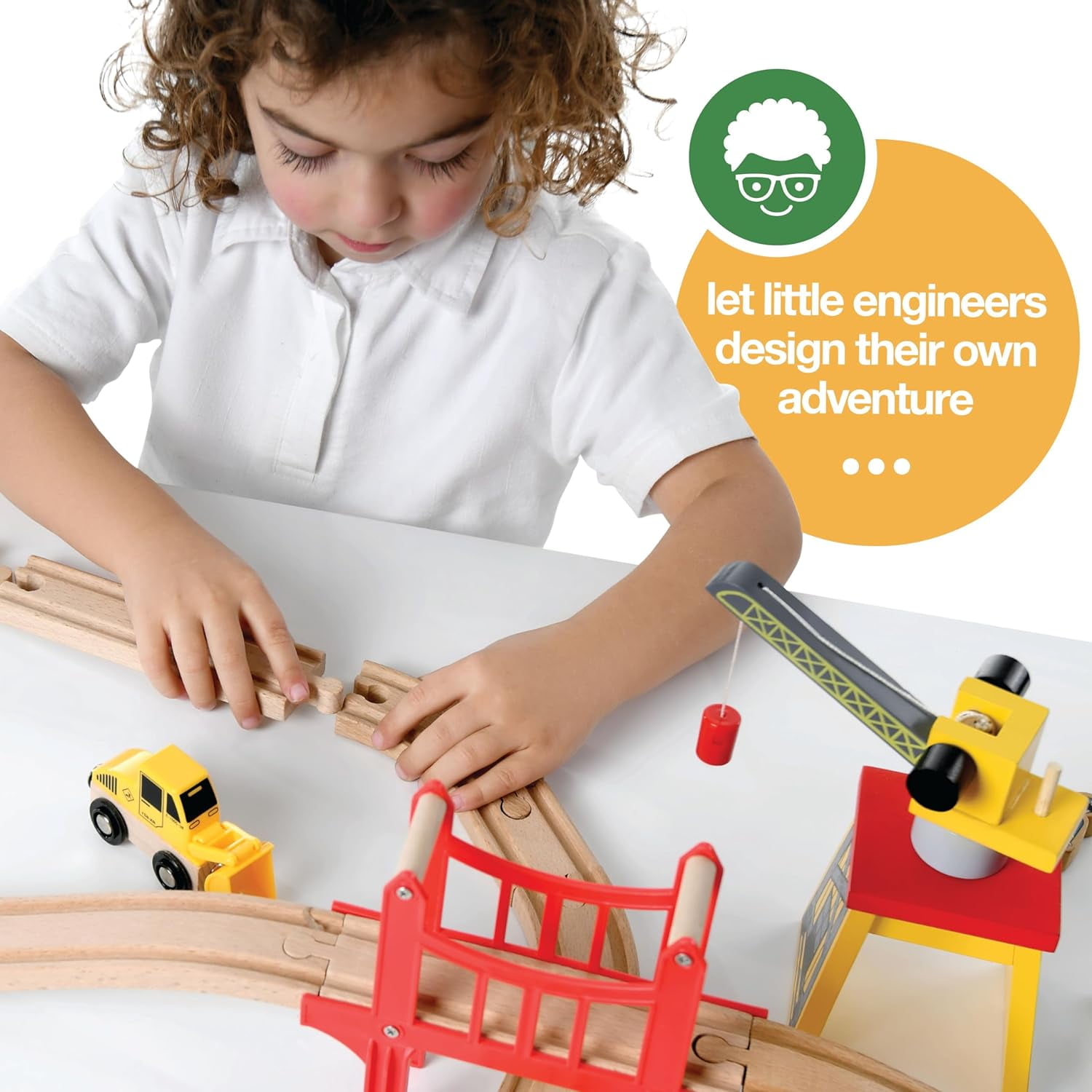 Play22 Compatible Wooden Model Train Track with 1 bulldozer 1 Crane, Wooden, 38 Pieces 11"