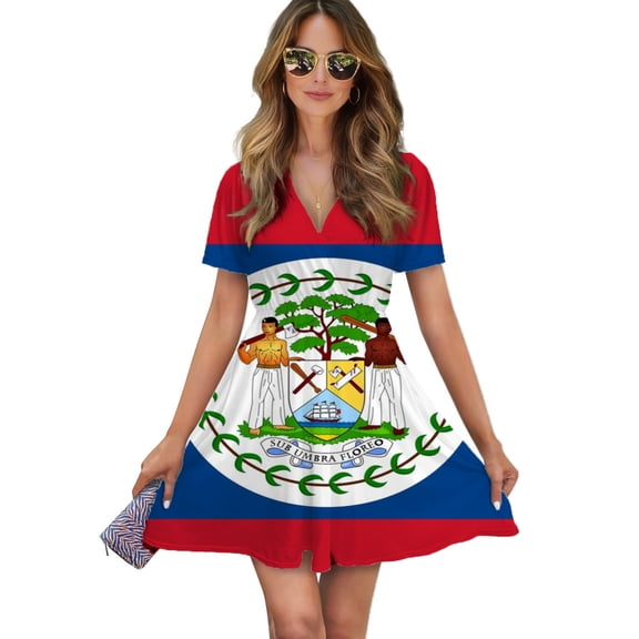 Belize Flag Women Dress V-Neck Short Sleeve Flowy Swing Party Midi Dress