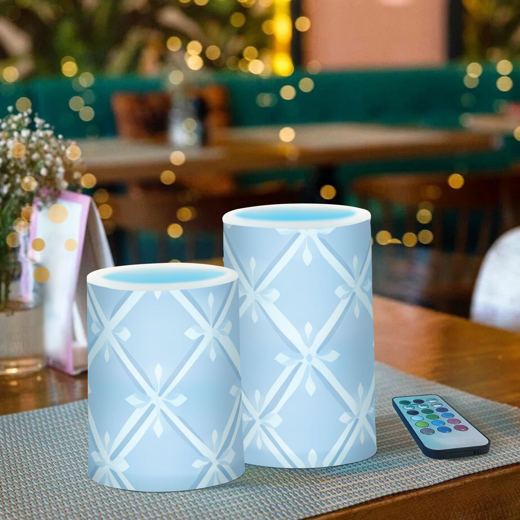 Light Blue Twill Checkerboard Flickering Flameless Candles LED Tealight Battery Operated with Remote Set of 2 Holiday Decor Ornaments