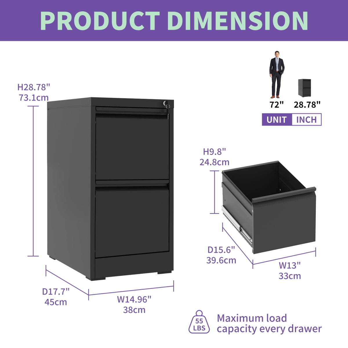 2-Drawer Lockable Metal Vertical File Cabinet Steel Storage for A4/Legal/Letter Sizes Office/Home