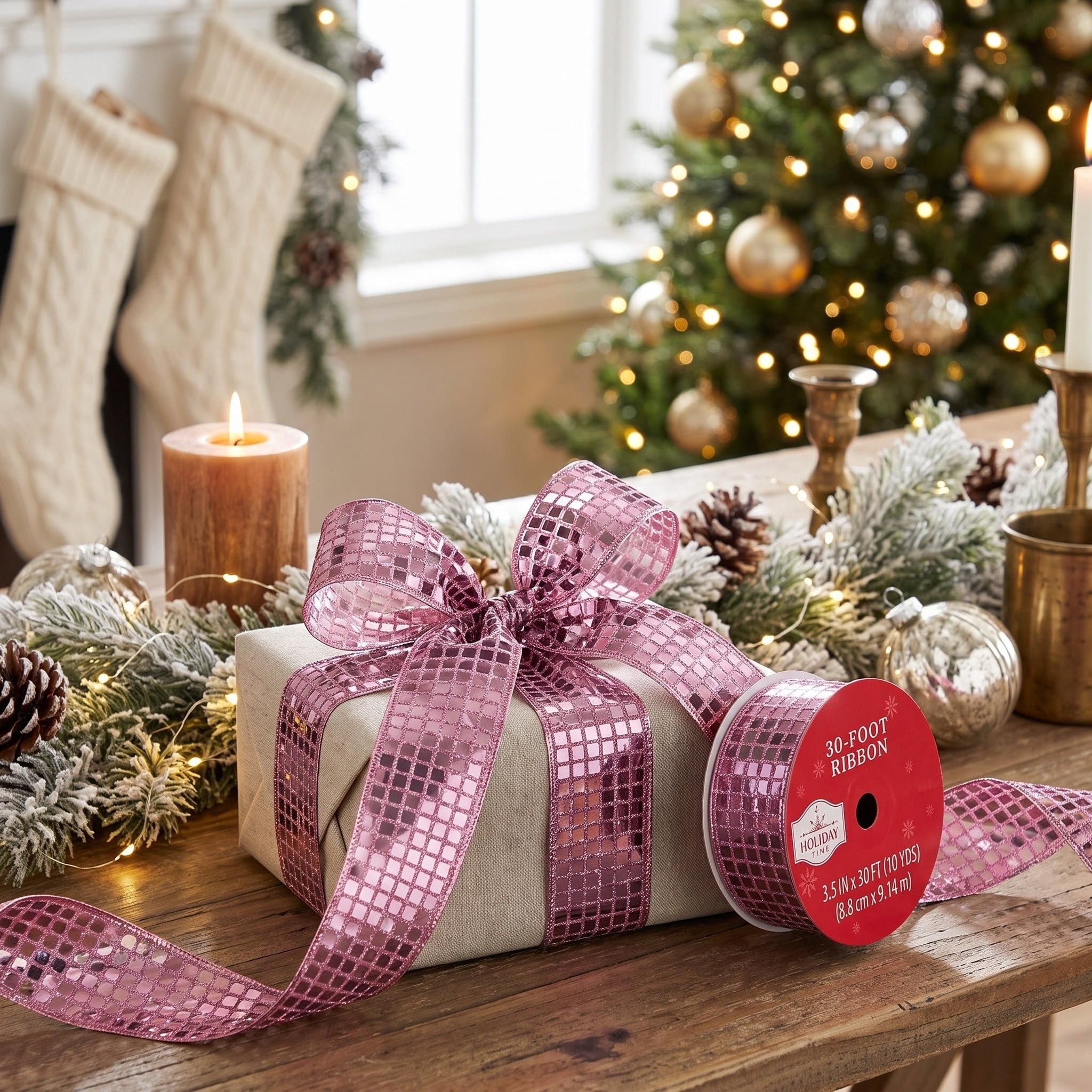Pink Sequin Christmas Ribbon, 3.5" x 30', by Holiday Time