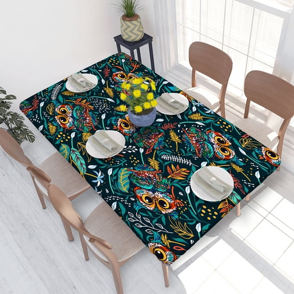 Elastic Edge Fitted Tablecloth Owl Heads for Rectangle Table 4 FT 30 X 48 Inch