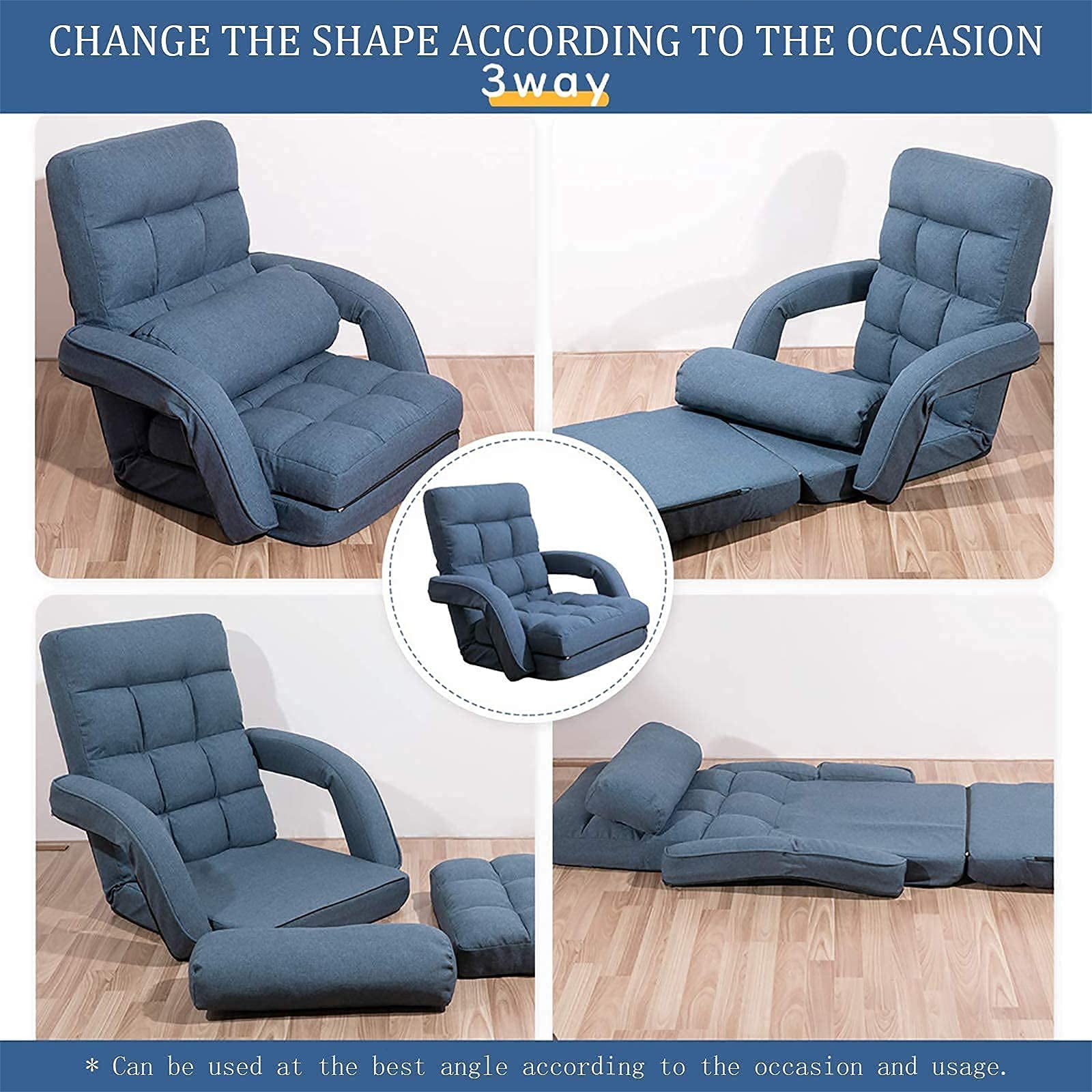 14-Position Adjustable Floor Chair, Chaise Lounge Indoor, Folding Lazy Sofa with Armrests and a Pillow Padded Adults Gaming Chairs for Living Room, Bedroom