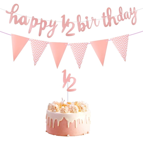 Happy 6 Months Birthday Banner - Glitter 1/2 Half Year Cake Topper, Triangle Flag Banner for Baby Shower Party Decoration, Rose Gold