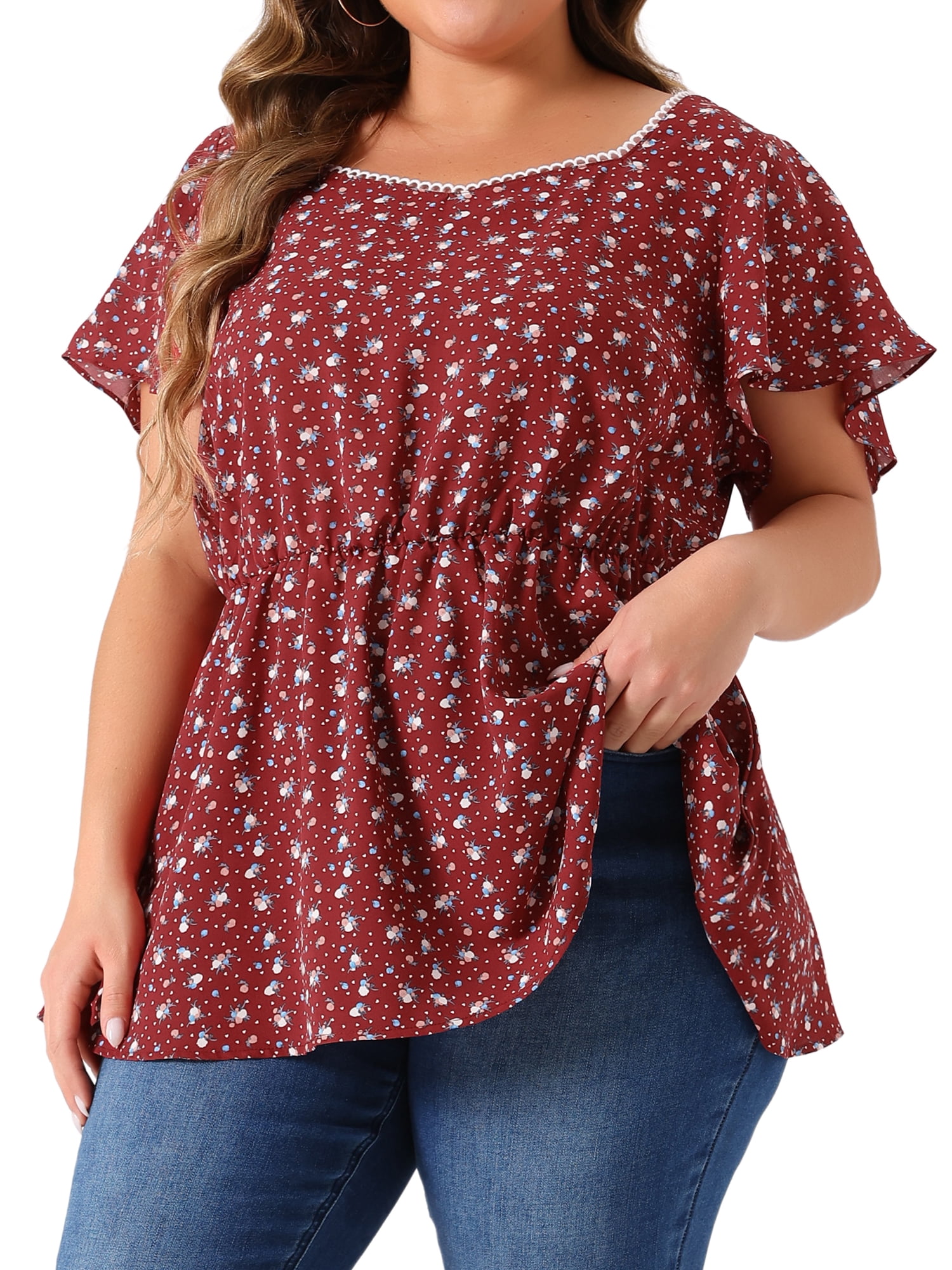 DARING DIVA Women's Plus Floral Flare Sleeves Elastic Waist Peplum Top 2X Red