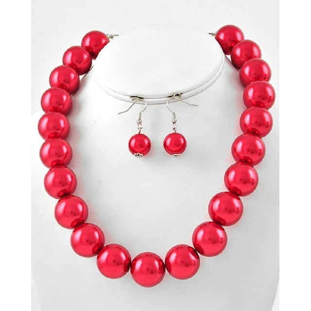 2Chique Boutique Ensemble de Collier Boule en Perles Synthétiques pour Femme (Rouge)