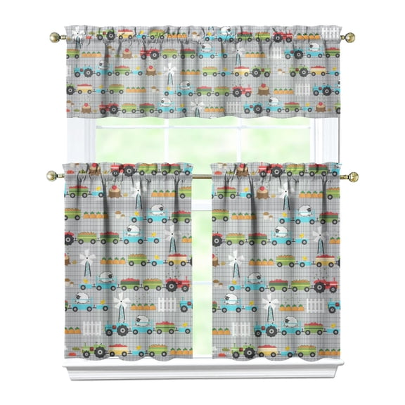 Kids Cartoon Car Kitchen Curtains Tier and Valance Set, Truck Tractor Excavator Fire Truck Construction Vehicle Pattern, Rod Pocket Window Curtain Set for Nursery or Playroom