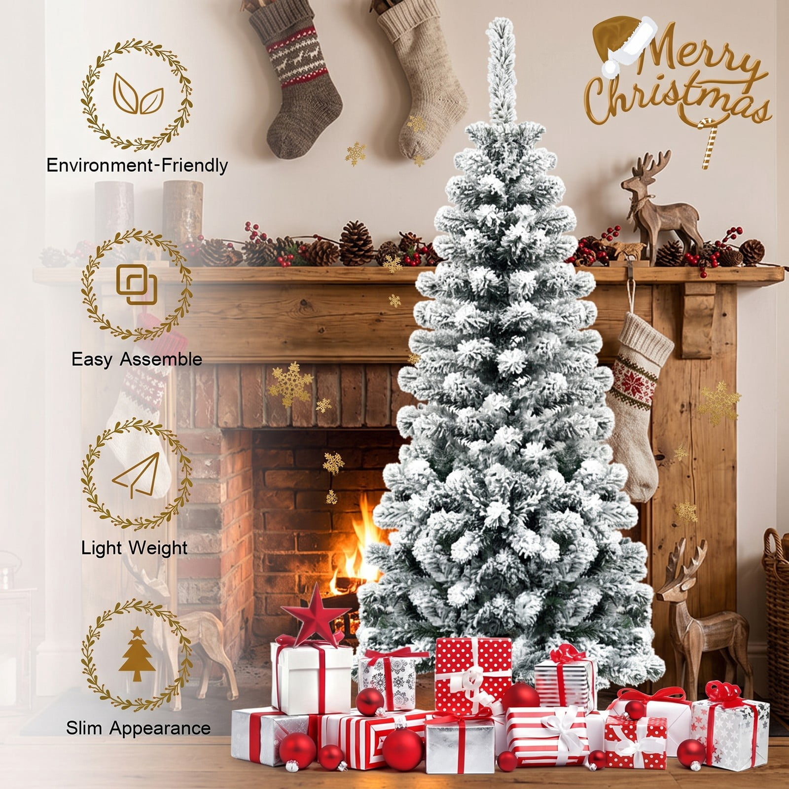 RUIE 4.5 FT Unlit Snow Flocked Artificial Pencil Christmas Tree, Hinged Slim Xmas Tree with 242 Branch Tips and Metal Stand for Indoor Holiday Decor, White & Green