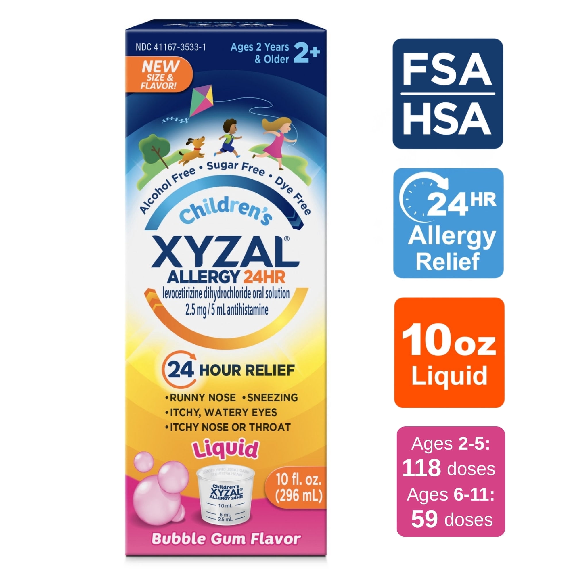 Xyzal Children's 24 Hour Allergy Relief Medicine for Kids, Levocetirizine Dihydrochloride Liquid Antihistamine, Bubble Gum, 10 Fl. oz.