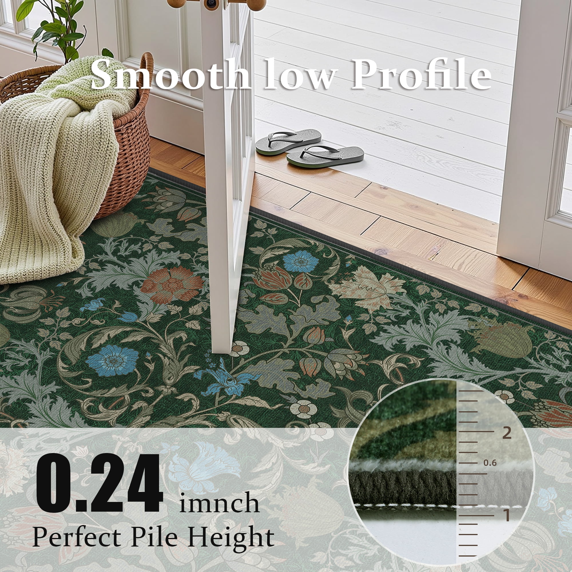 ATHOPE Floral 6x9 Area Rug, Machine Washable Rugs Soft Non Slip Low Pile Rugs for Living Room Bedroom Nursery Kitchen Dining Room Indoor, Large Floral Print Pattern Carpet, Forest Green