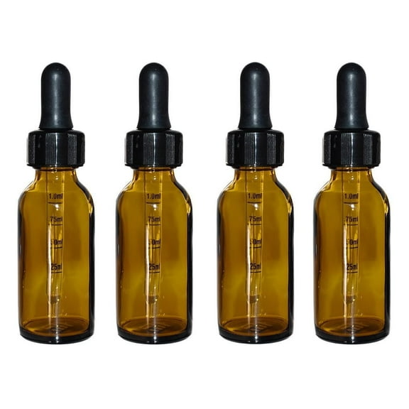 1 oz (30 mL) Amber Boston Round Glass Bottle w/Graduated Glass Dropper (Large Nitrile Bulb) (4-Pack)