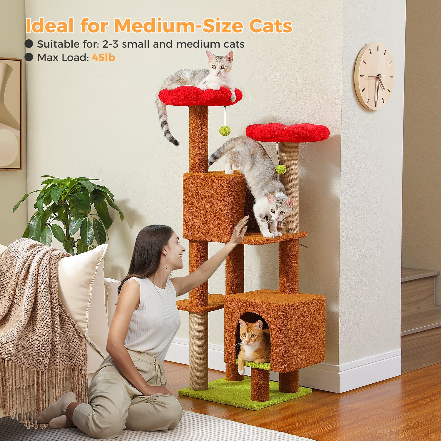 PEQULTI 52'' Flower Cat Tree for Indoor Pet Cute Cat Tower with Large Perch and Spacious Condo Brown