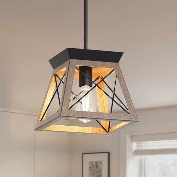 YANSUN 1-Light White Wood Grain Lantern Pendant Light, Vintage Farmhouse Basket Chandelier for Bedroom, Living Room, Dining Room, Kitchen