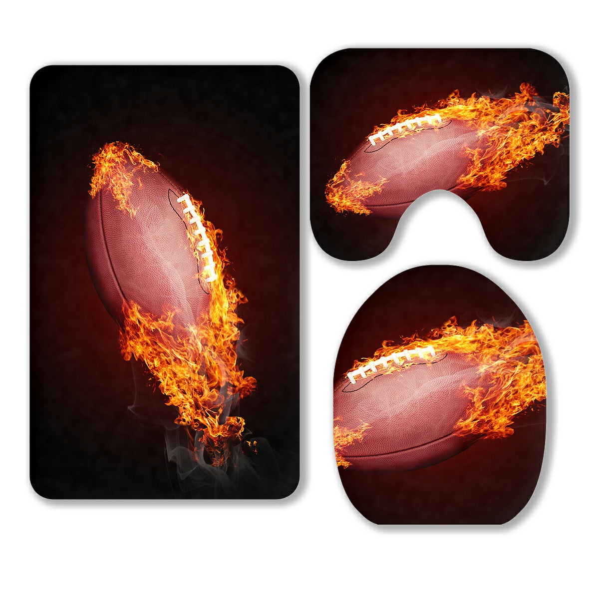 ABPHQTO American Football Ball In Fire 3 Piece Bathroom Rugs Set Bath Rug Contour Mat and Toilet Lid Cover