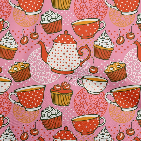 oneOone Cotton Flex Rose Pink Fabric Tea Party Kettle Sewing Craft Projects Fabric Prints By Yard 40 Inch Wide