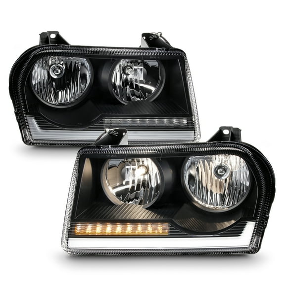 AKKON - Fits 2005-2009 Chrysler 300 [Halogen Type] Black Headlights w/ LED Sequential Turn Signal Pair Driver Passenger