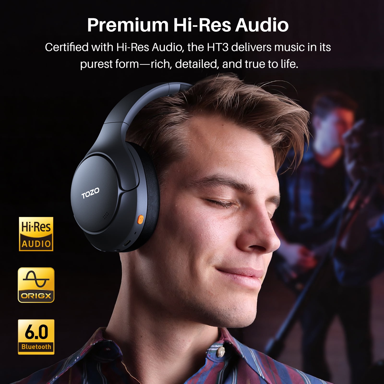 TOZO HT3 Wired/Wireless Over Ear Noise Cancel Bluetooth 6.0 Headphones for Adults, ANC/ENC 5 Mic, 90H, Hi-Res Audio, App-32EQ, Foldable/Adjustable Headband, AUX 3.5mm, Comfort Earcup for Home, Black