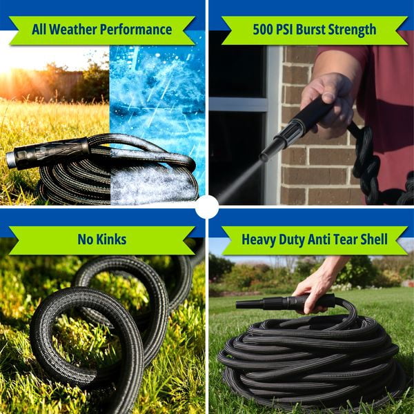 HydroSteel Garden Hose 75' ft Water Hose For Outside Heavy Duty Metal Hose Stainless Steel with Nozzle Flexible Kink-Free