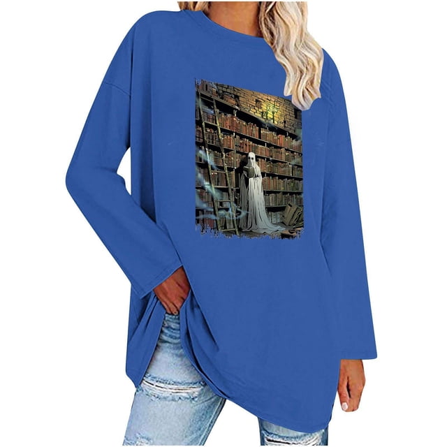 FAIWAD Womens Halloween Long Sleeve Tops Cute Ghost Print Crewneck Pullover 2024 Fall Basic Tees