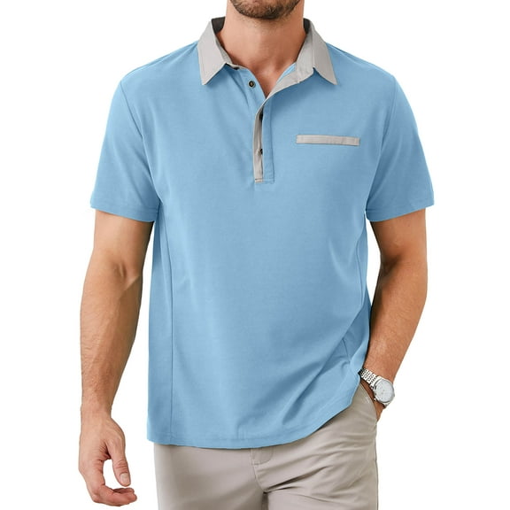 Demotime Men's Polo Shirts Casual Button-Down Shirts Short Sleeve Polo Shirts Ligh Blue L V Neck T Shirts Big and Tall Golf Solid Classic Stylish Tops