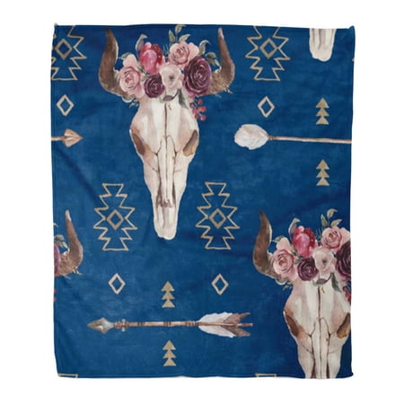 SIDONKU Throw Blanket Warm Cozy Print Flannel Watercolor Boho of Arrows Bull Skull Horns Floral Arrangement on Dark Blue Comfortable Soft for Bed Sofa and Couch 58x80 Inches