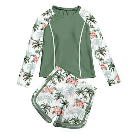 Toimothcn Swimsuit For Girls Long Sleeve Casual Floral Printed 2 Piece Bikini Set Quickly Dry Cover Up Swimwear 8-9 Years