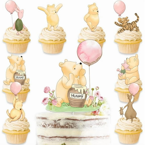 25pcs Winnie Cake Topper with Cupcake Toppers for Baby Shower Decorations Pink Girls Winnie Birthday Party Decorations