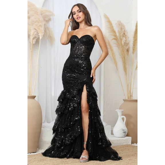 Women's Adora Design 3222 Strapless Applique Tiered Long Formal Gown Black Size M