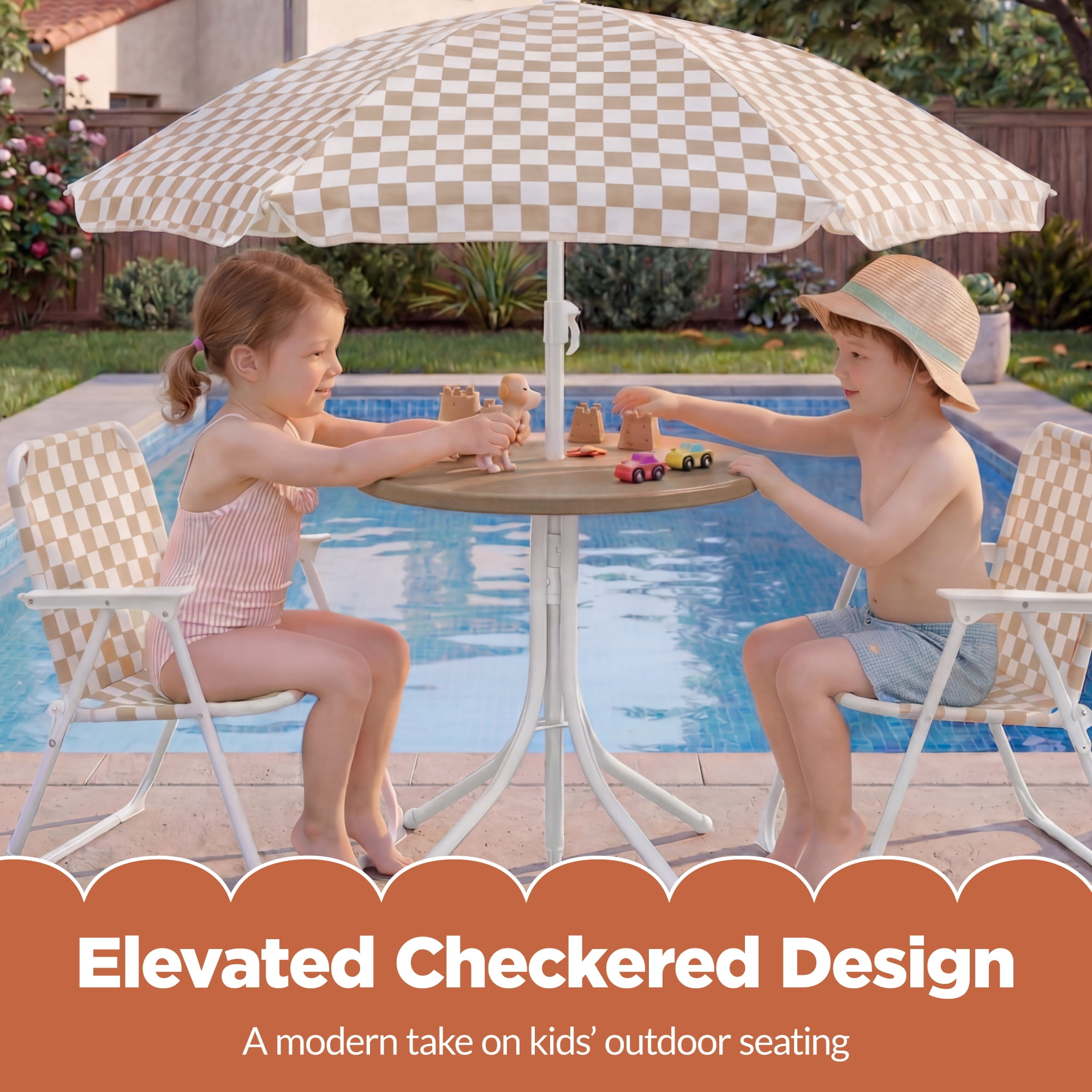 Best Choice Products Kids Outdoor Table and Chair Set with Umbrella, 3-Piece Foldable Toddler Picnic Set Ages 2-5 - Tan