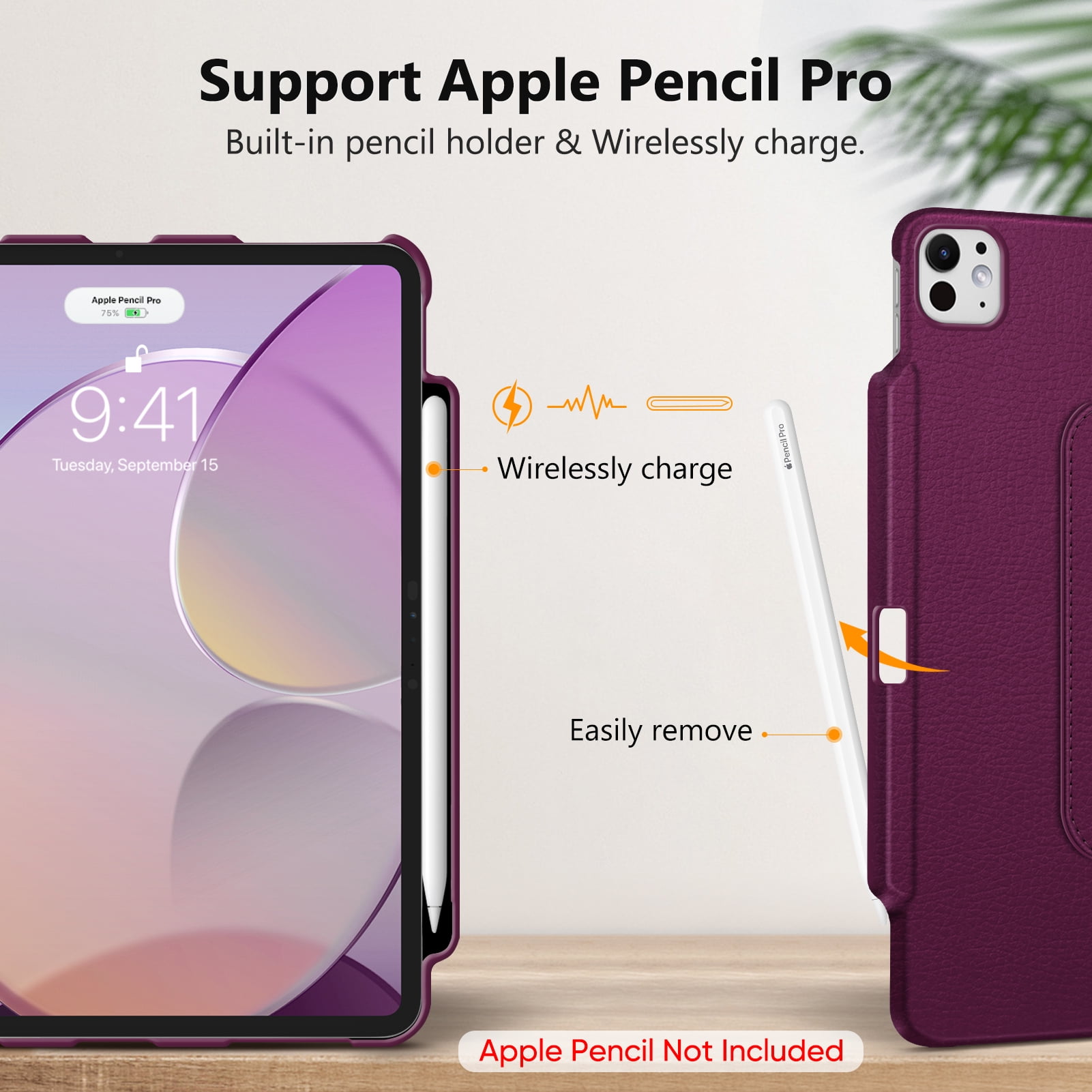Fintie Rotating Case for iPad Pro 13-inch M4 Chip 2024 Release, 360 Degree Swiveling Protective Stand Cover with Pencil Holder, Purple