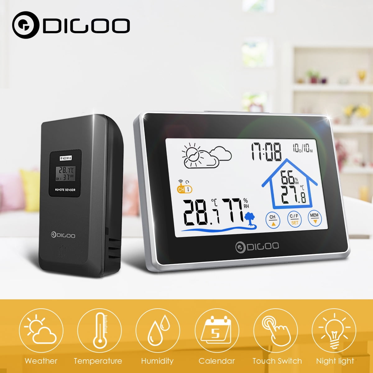 In//Outdoor Wireless Weather Station Clock Digital LCD Calendar Humidity+Sensor