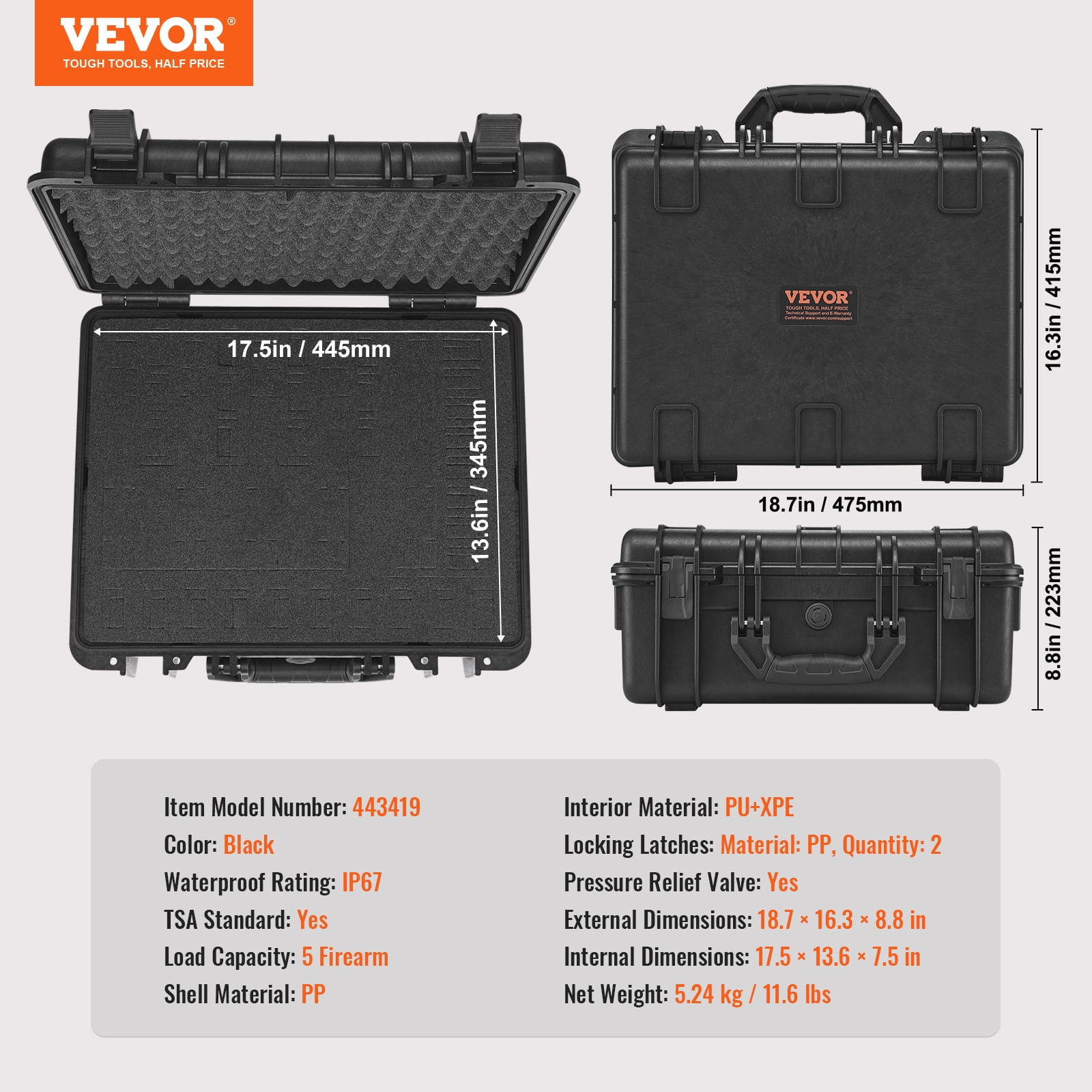 VEVOR Hard Pistol Cases with Pre-cut Lining, Waterproof & Dustproof Hard Gun Case for 5 Pistol, 18.9×16.3×8.5 in Lockable Pistol Case, Black