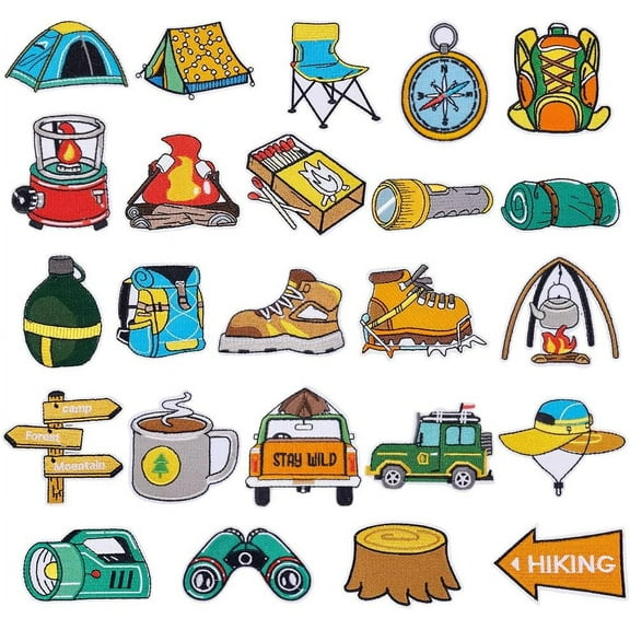 24pcs Camping Iron on Patches Camper Patches Embroidered Patches Outdoor Hiking Patches Sew On Patches Applique Patches for Hats Backpack Clothes Jeans Jackets Cap Clothes DIY Crafts