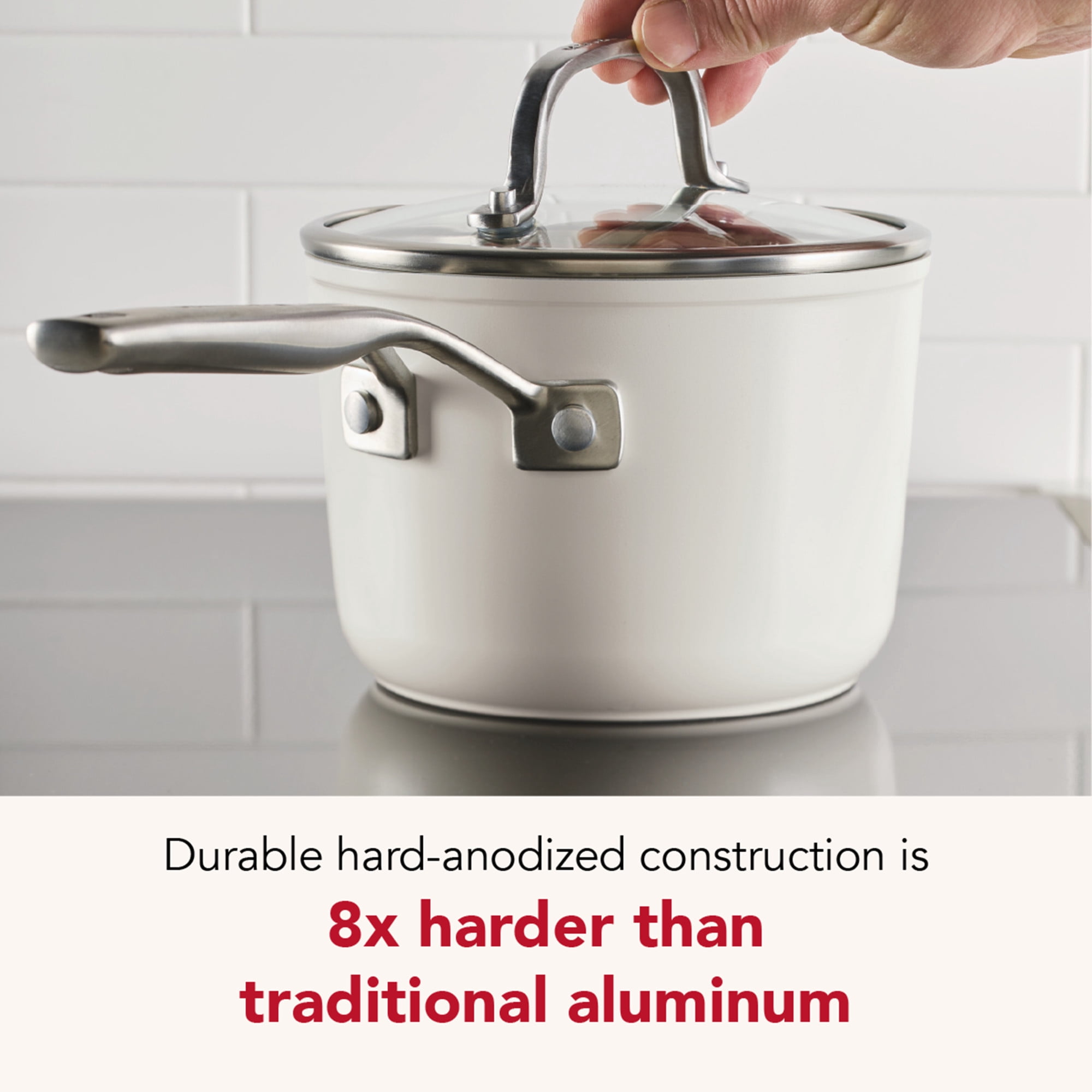 KitchenAid Hard-Anodized 2 Quart Ceramic Induction Saucepan with Lid, Dishwasher Safe and Oven Safe to 500°F, Porcelain White