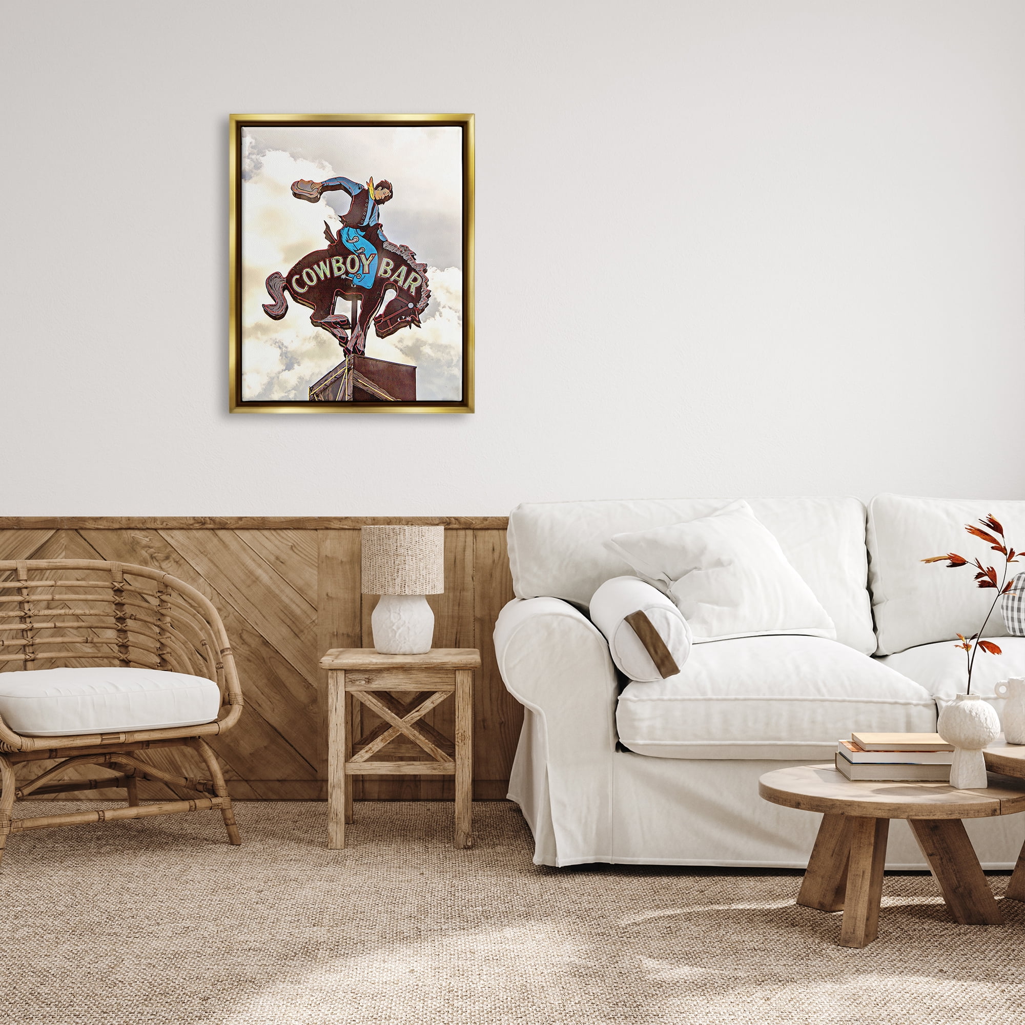 Stupell Industries Western Cowboy Bar Sign Abstract Painting Gold Floater Framed Canvas Art Print Wall Art, 25 x 31