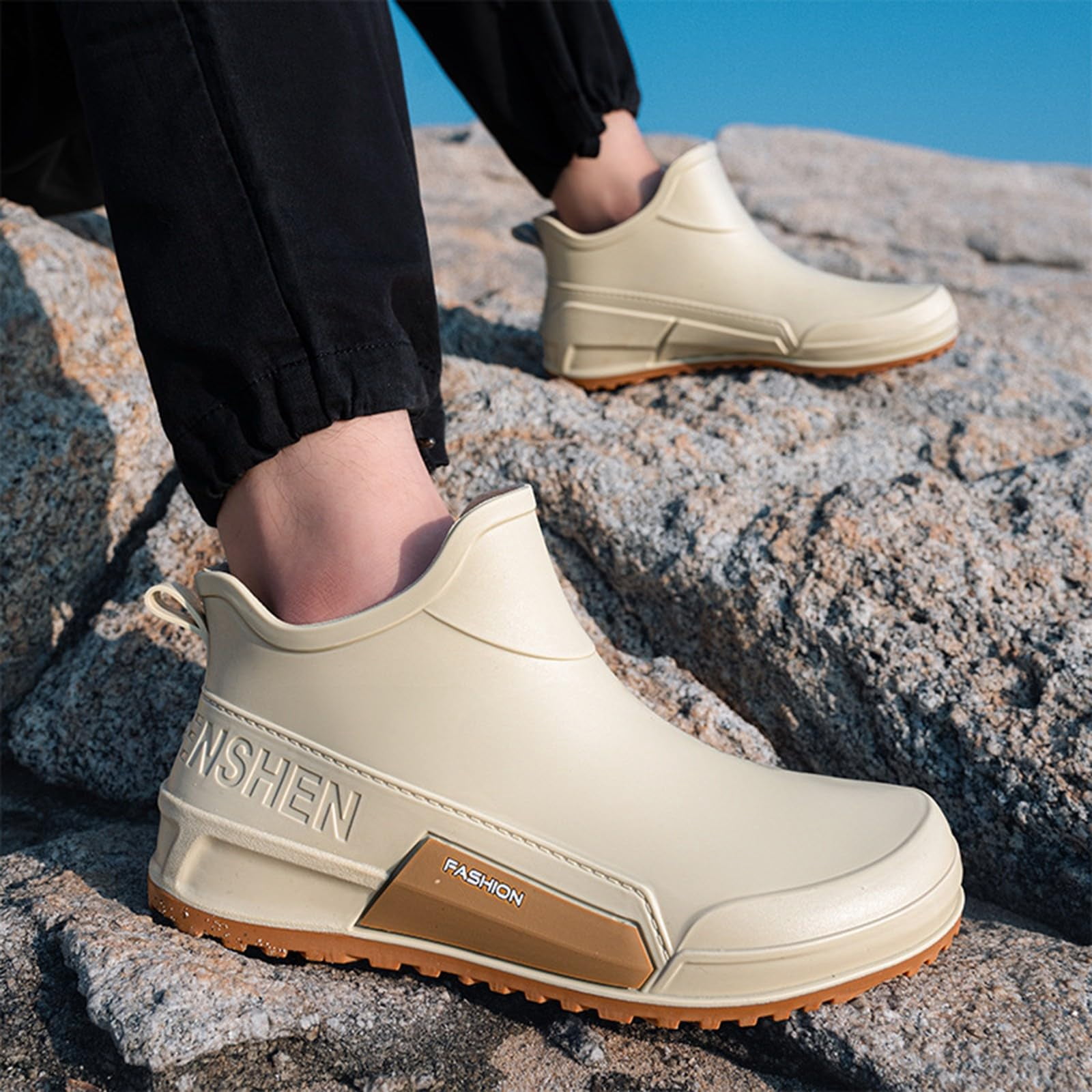 Waterproof Boots for Women, Rain Boots for Women Men Walking Water Shoes,Water Resistant Ankle Rubber Boots Non-Slip Soles Mid Calf Booties Outdoor Slip On Rubber Chelsea Shoes for Fishing, Beige 9.5