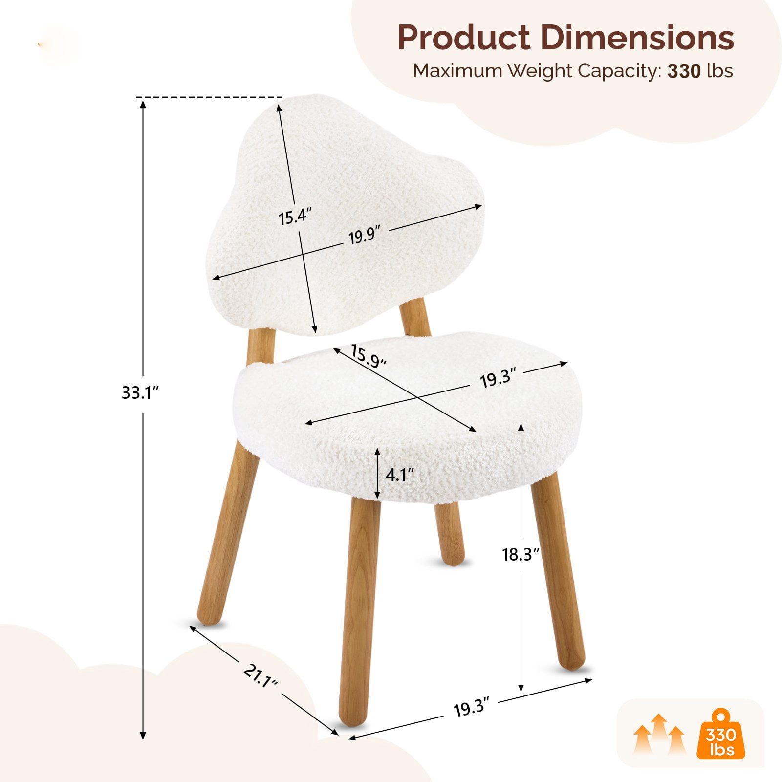 Ktaxon Blended Chenille Armless Vanity Chair Cloud Backrest Desk Chair, Rubber Wood Makeup Chair for Bedroom Living Room Office Reading Room White