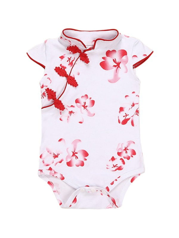 Moonker Infant Toddler Baby Girls Chinese Style Romper Onesies Rose Flower Print Sleeveless Cheongsa 0-18M