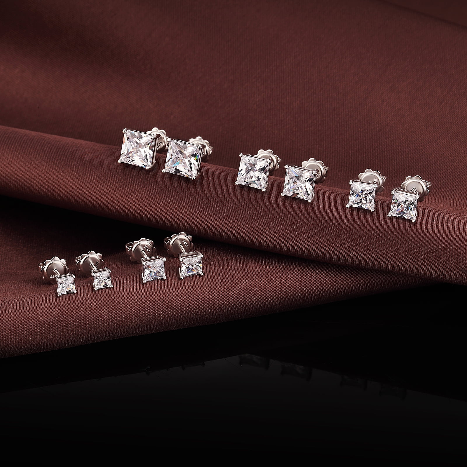 Jiamiaoi 18k White Gold Plated 925 Sterling Silver Sparkly Cubic Zirconia Stud Earrings Sets 4mm-8mm Circle Diamond Earrings Gold Square Stud Earrings Hypoallergenic