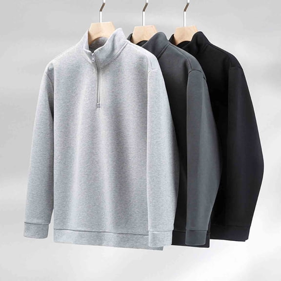 RYDCOT Mens Tops Quarter Zip Sweater Men Quilted Sweatshirt Pullover Knit Long Sleeve Mock Neck Sweatshirt Cotton Shirts for Men Gray