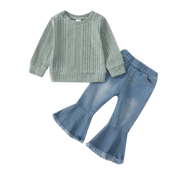 2T Baby Girls Clothes 3T Girls 2PCS Outfits Set Solid Color Toddler Girls Long Sleeve Top Bell-bottomed Denim Pants Set Green